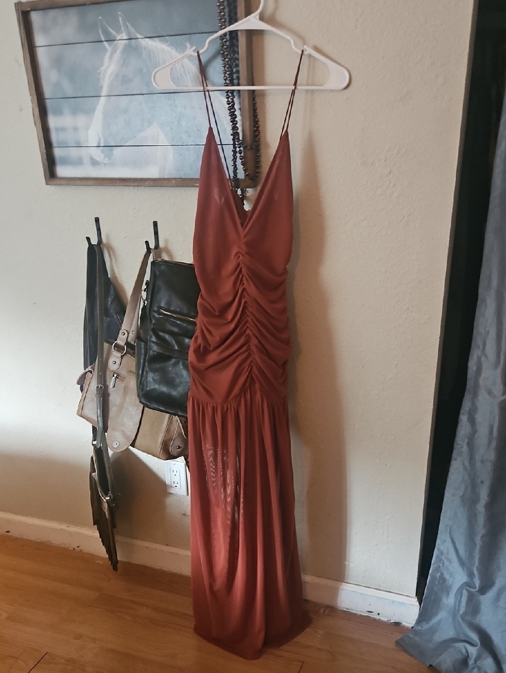 Ruched V-Neck Maxi Dress in Rust